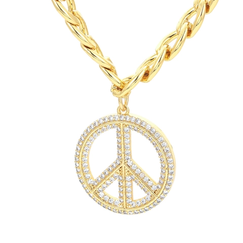 Collana Pendente Segno Della Pace Rame Micro Pavè Zircone Tondo Iced Out Retro Hip Hop Gioielli Etnici Donne Uomini