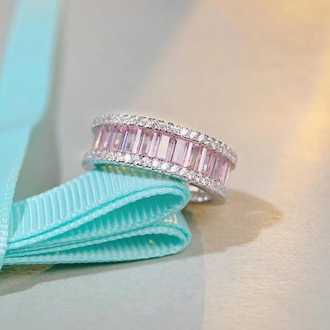 Luxe 925 Sterling Zilver Pave Roze Baguette Strass Eternity Ring Voor Dames Minimalistisch Mode Geometrische Sieraden Ring
