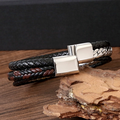 Bracelet Multicouche Pour Homme Cuir Tressé Et Chaîne En Acier Inoxydable Avec Fermoir Magnétique Vintage Fait Main