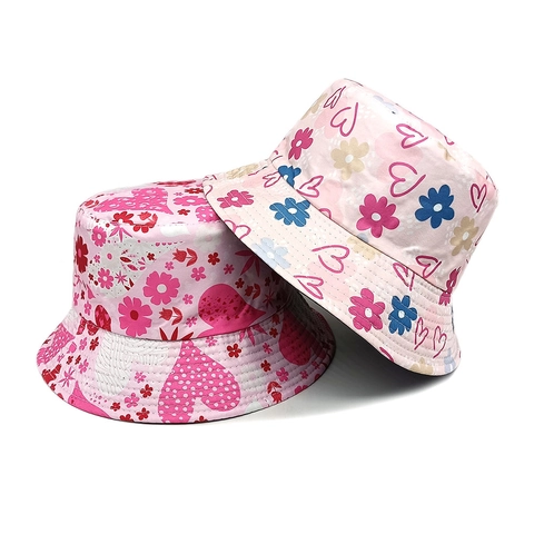Chapeau Bob Pour Femmes Avec Motif De Coeur Et Imprimé Fleuri Polyester Protection Solaire Été Réversible