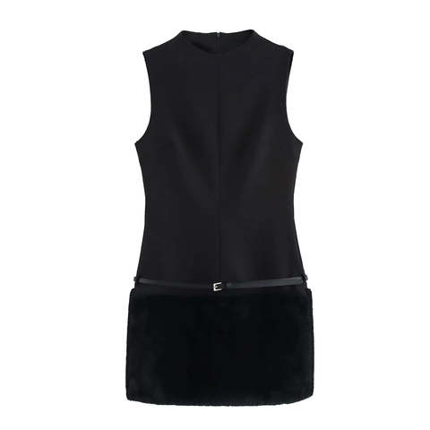 Mouwloze Mini Jurk Sexy Bodycon Ronde Hals Elegant Kunstbont Patchwork Met Riem Feest Nacht Polyester