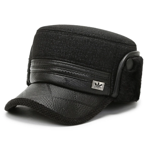 Men Winter Flat Top Cadet Hat Woolen PU Leather Trim Warm Thickened Ear Flaps Thermal Cap For Middle Aged Senior