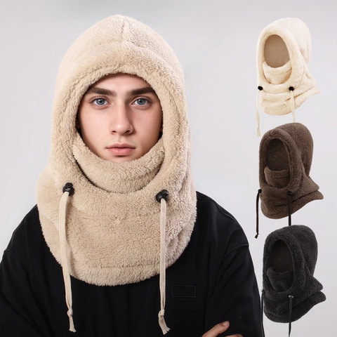Winter Balaclava Plush Hat Adjustable Drawstring Windproof Warm Neck Warmer Face Mask For Women Outdoor Cycling Sport