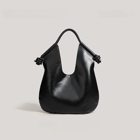 Women Large Hobo Bag Soft PU Leather Knot Strap Detail Minimalist Commuting Shoulder Tote Bag Solid Color
