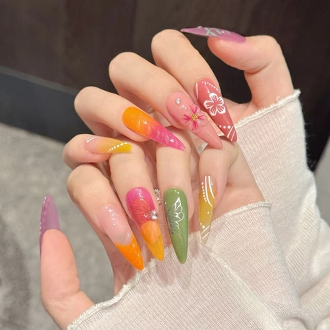 Handmade Stiletto Press On Nails Colorful Floral Butterfly Rhinestone Resin Artificial Finger Art For Women