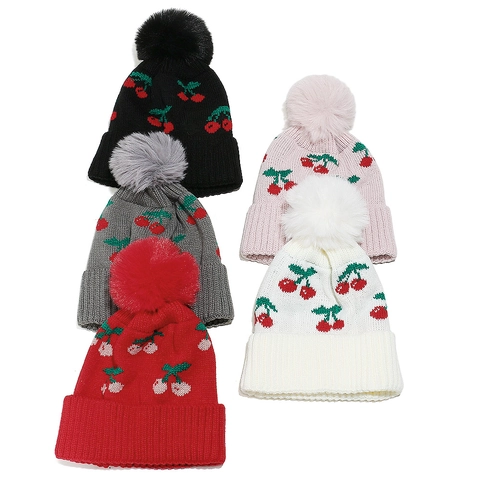 Kinder Strickmütze Acryl Weich Kirschmuster Warm Winter Pompon Mütze Für Mädchen Süße Outdoor Winddichte Mütze