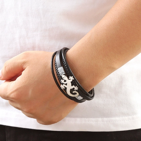Leather Braided Bracelet Stainless Steel Gecko Lizard Charm Punk Rock Magnetic Clasp Wristband Jewelry For Men