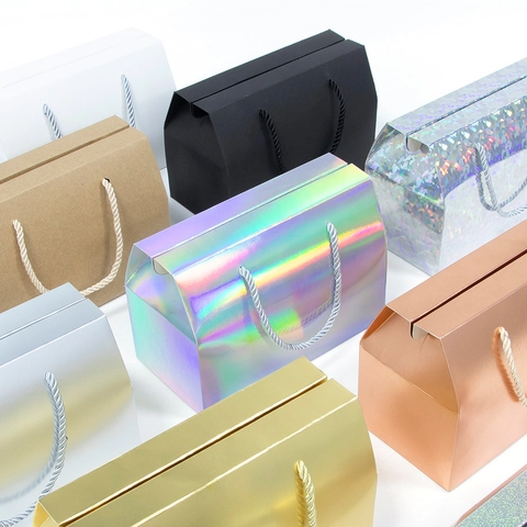 Portable Paper Gift Box With Handle For Wedding Party Favor Candy Packaging Laser Holographic Metallic Matte