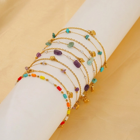 Double Layer Bracelet Stainless Steel 18K Gold Plated Natural Stone Heart Pendant Bohemian Fashion Jewelry For Women