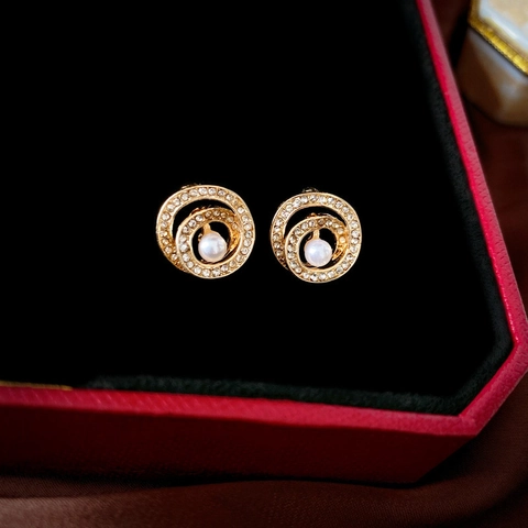 Pendientes De Botón De Perlas Artificiales En Espiral Para Mujer Con Estrás Aleación Con Silver Earring Post Minimalista Elegante Oro
