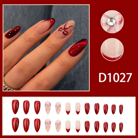 Cat Eye Press On Nails Wine Red Almond Shape French Style Bow Rhinestones Glossy ABS Resin Elegant Fake Nails