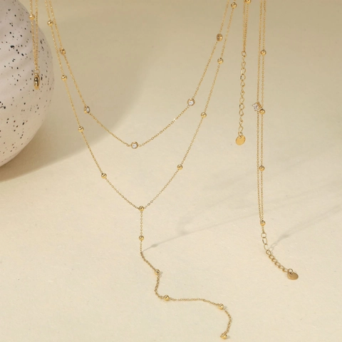 Stainless Steel Necklace And Bracelet Jewelry Layered Minimalist Y Shape Lariat With Zirconia Beads Women Elegant Accessories