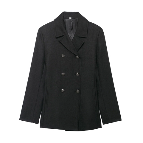 Chaqueta De Doble Botonadura Para Mujer Tela De Sarga Solapa Color Sólido Elegante Abrigo Corto Con Botones Metálicos