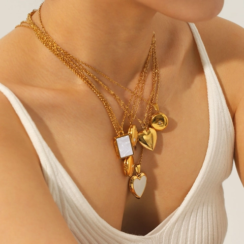 Photo Locket Pendant Necklace 18K Gold Plated Stainless Steel White Shell Rhinestone Heart Square Vintage For Women