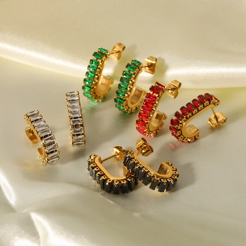 Pendientes Aro Forma C Acero Inoxidable Oro 18K Con Zircón Rectangular Joyería Geométrica Para Mujer