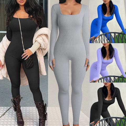 Women Sexy Ribbed Square Neck Jumpsuit Slim Fit Long Sleeve Bodysuit Hip Lifting One Piece Catsuit For Autumn Spring