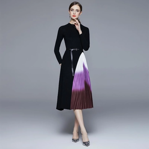 Dames Elegante Gebreide Patchwork Jurk Lange Mouwen Ronde Hals Gradiënt Geplooide Midi Rok Met Riem