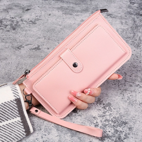 Dames Lange Portemonnee PU Leer Met Litchi Textuur Clutch Rits Drukknoop Kaarthouder Telefoontas Met Polsbandje