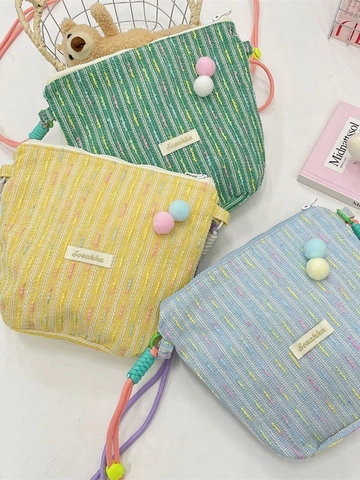 Crossbody Telefoontas Gebreid Tweed Polyester Draagbaar Casual Zoet Schattig Vrouwen Meisjes Pompons Verstelbare Riem