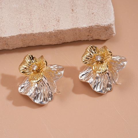Two Tone Flower Earrings With Zircon And 925 Sterling Silver Earring Post Copper Pleated Floral Jewelry For Women