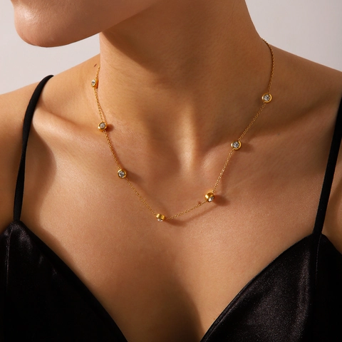 Collar Acero Inoxidable Circón Redondo Chapado Oro 18K Minimalista Geométrico Joyería Moda Mujeres