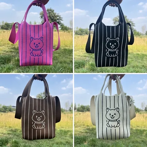 Borsa Tote Maglia Righe Cane Cartone Animato Grande Capacità Borsa Tracolla Versatile Moda Casuale Donne Studenti