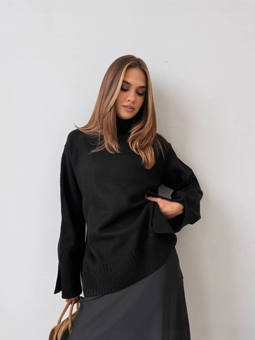 Pull À Col Roulé Femme Tricot Mélange Coton Manches Longues Poignets Fendus Ample Chaud Automne Hiver