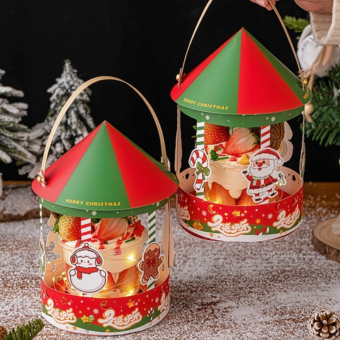 Christmas Carousel Cake Box Paper Packaging With LED Light String Transparent Plastic Cups And Decorative Dessert Toppers