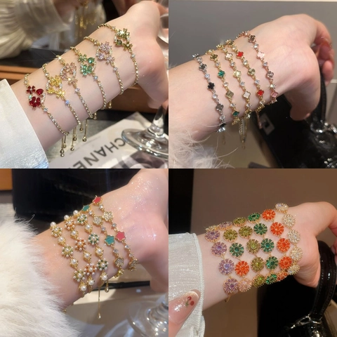 Pulsera De Perlas Artificiales De Flores Con Circonitas Aleación Chapada En Oro Cadena Ajustable Joyería De Moda Elegante Para Mujer