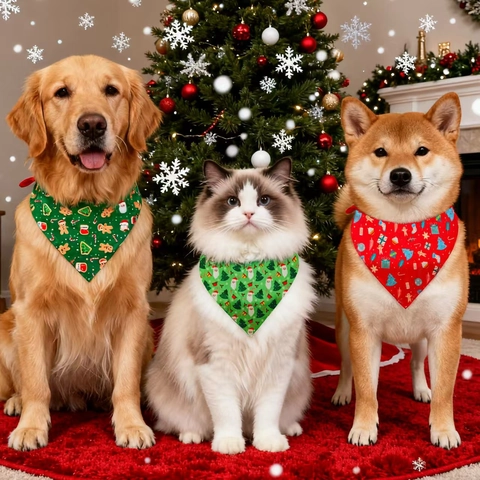 Christmas Pet Bandana Polyester Printed Triangle Scarf Holiday Bib For Dogs And Cats Santa Gingerbread Man Pattern