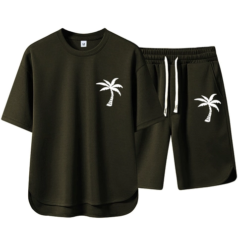 Heren T-Shirt Met Korte Mouwen En Shorts Zomer Casual Sport Outfit Losse Pasvorm Palmboom Print Polyester Ademend