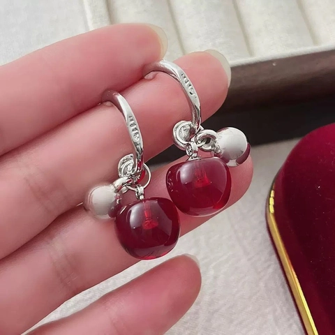 Pendientes Colgantes De Cereza Manzana Roja En Forma C Con Pasador De Plata De Ley 925 Para Mujer Moda Joyería