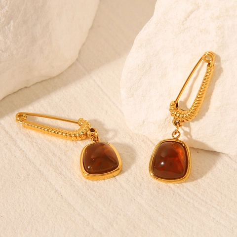 Pendientes Colgantes Estilo Francés Retro Acero Inoxidable Chapado En Oro 18K Resina Ámbar Imperdible Joyería Mujer