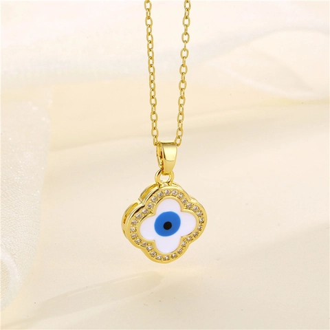 Evil Eye Halskette Edelstahl Kleeblatt Anhänger Mit Zirkonia Emaille Vergoldeter Modeschmuck Für Damen Elegant