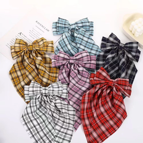 Karierte Schleife Haarklammer Mit Langen Bändern Stoff Federclip Preppy Style Haarschmuck Für Frauen Pferdeschwanz Halter