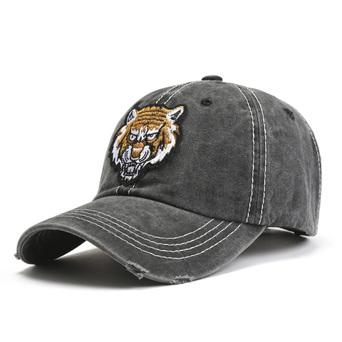 Tiger Head Embroidery Baseball Cap Washed Cotton Distressed Vintage Outdoor Sun Protection Adjustable Hat For Men Women