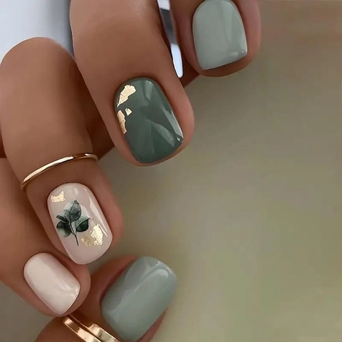 Press On Nails ABS Plastic French Style Flower Leaf Pattern Glitter Short Square Round For Women With Glue Kit