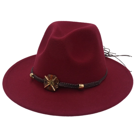 Vintage Wide Brim Wool Fedora Hat Bohemian Ethnic Style With Woven Band Metal Flower Decor For Performance Costume