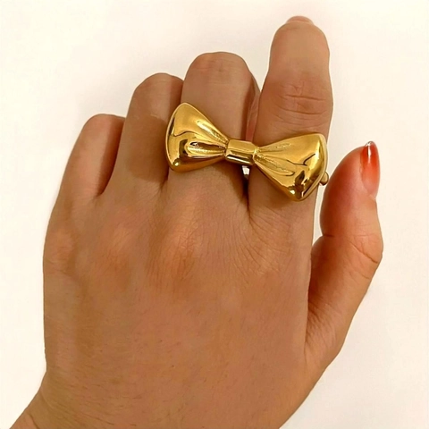 Large Bowknot Double Finger Ring 316L Stainless Steel 18K Gold Plated Polished Statement Fashion Jewelry For Women