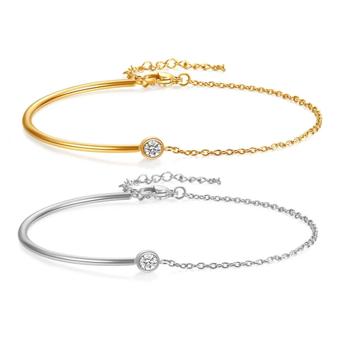 Stainless Steel Bracelet Women 18K Gold Plated Half Bangle Half Chain Minimalist Round Zircon Inlaid Adjustable