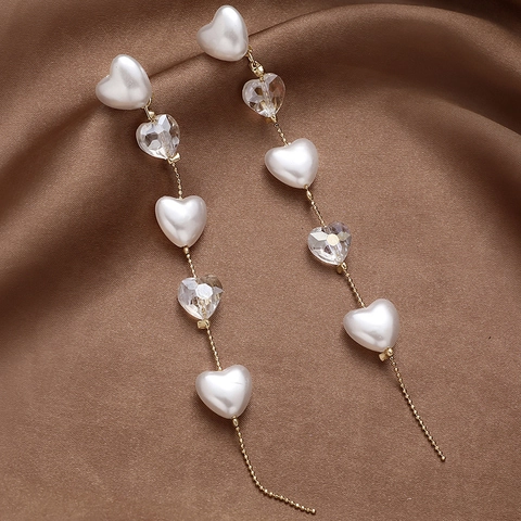 Heart Shaped Dangle Earrings Alloy Artificial Pearl Crystal Long Tassel Vintage Fashion Jewelry Women With 925 Sterling Silver Earring Post