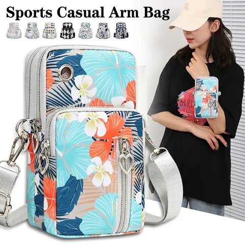 Mini Bolso Bandolera Para Móvil Tela Oxford Multi Cremallera Corazón Tropical Floral Cuadros Brazalete Mujeres