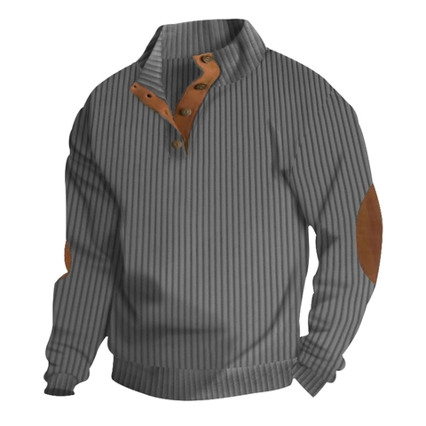 Men Long Sleeve Henley Sweatshirt Ribbed Texture Elbow Patches Button Collar Casual Pullover Top For Men Solid Color