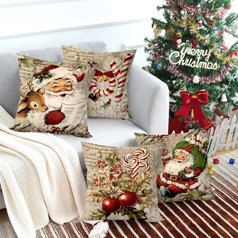 Christmas Pillowcase Holiday Home Decor Vintage Gingerbread Man Santa Reindeer Pattern Polyester Linen Texture Cushion Cover