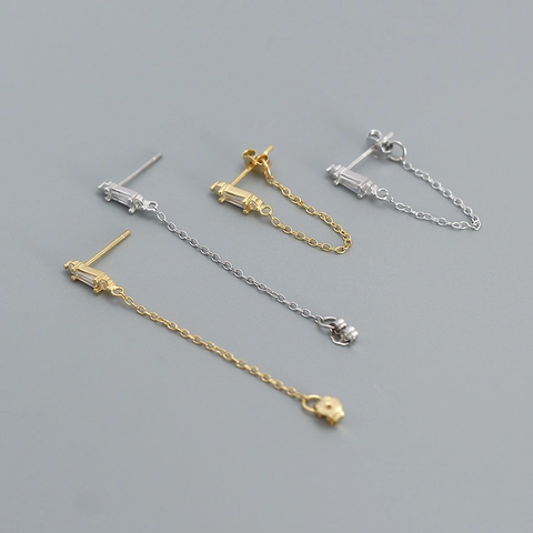 925 Sterling Silver Earring Post Stud Earrings Rectangle Zircon Chain Tassel Dangle Drop Women High End Niche Jewelry