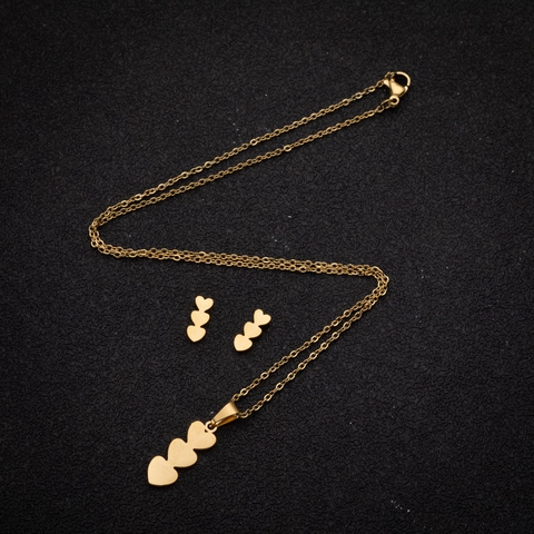 Geometric Triple Linked Heart Necklace And Earrings Stainless Steel Minimalist Jewelry For Women Chic Elegant Design