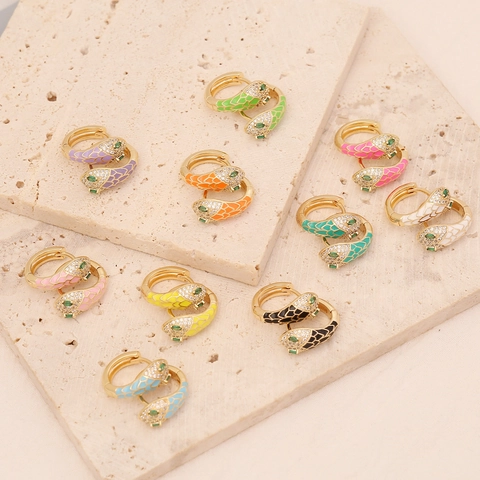 Snake Head Hoop Earrings Copper Gold Plated Enamel Colorful Zirconia Animal Style Jewelry Women Luxury