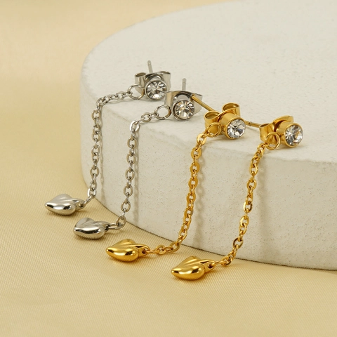 Pendientes De Gota Con Borla De Corazón De Acero Inoxidable Para Mujer Pendientes Largos De Cadena De Estrás