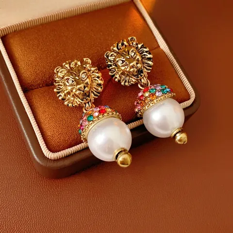Vintage Lion Head Drop Earrings With Alloy Rhinestone And Imitation Artificial Pearl Including Silver Earring Post For Women