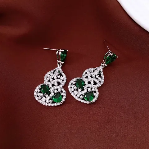 Vintage Wulu Gourd Earrings With 925 Sterling Silver Earring Post Zirconia Inlaid Emerald Retro Chinese Style Jewelry